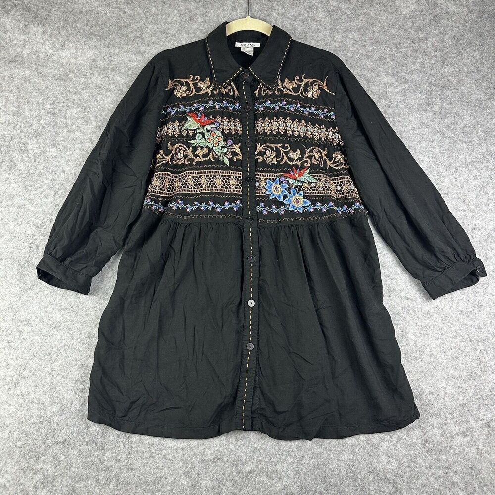 Krista Lee Tunic Top Womens M Beaded Embroidered Button LS Rayon Boho Peasant